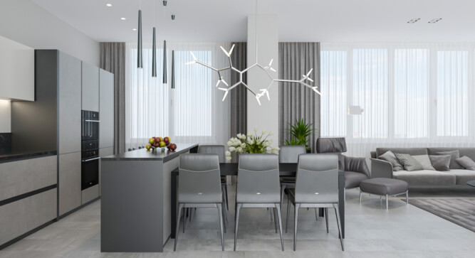 Interior design of a city center apartment with a spacious living room. Project named 11 25.