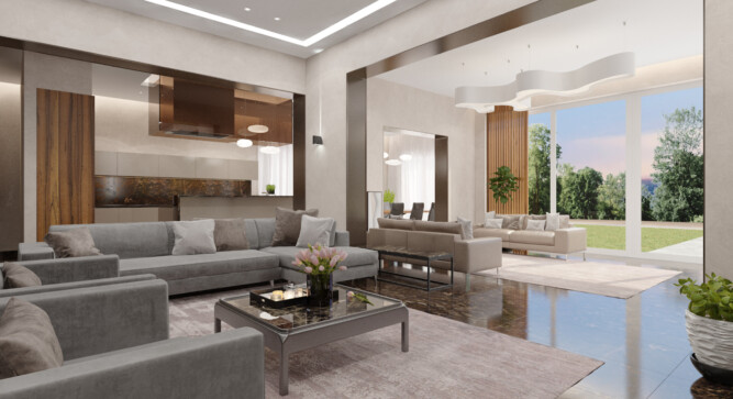 Interior design of a country house with a large living room, separate wardrobes for the owners, and a spacious open bathroom. Project named "Crystal."