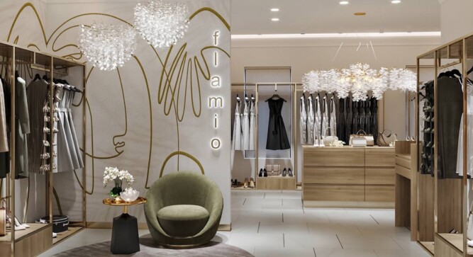 Fashion salon interior design for premium women's clothing, located in the city center, named Flamio.