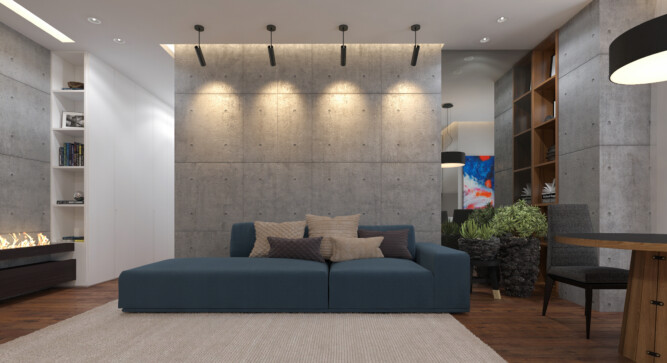 Modern apartment interior with concrete decorative elements, featuring contemporary furniture and stylish design.