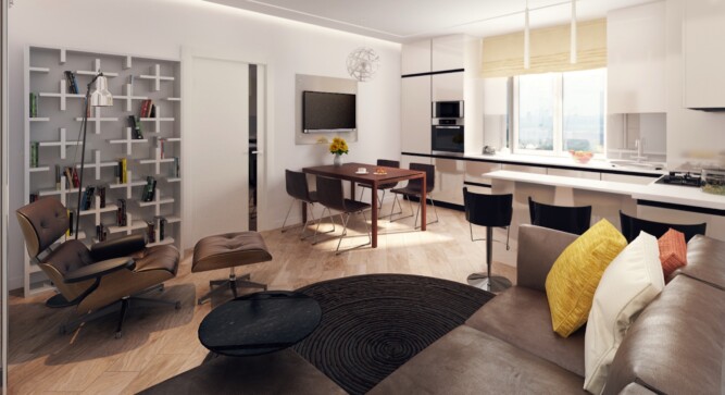 Interior Design Glasgow. Modern apartment interior with vibrant color accents, featuring contemporary furniture and stylish decor elements.